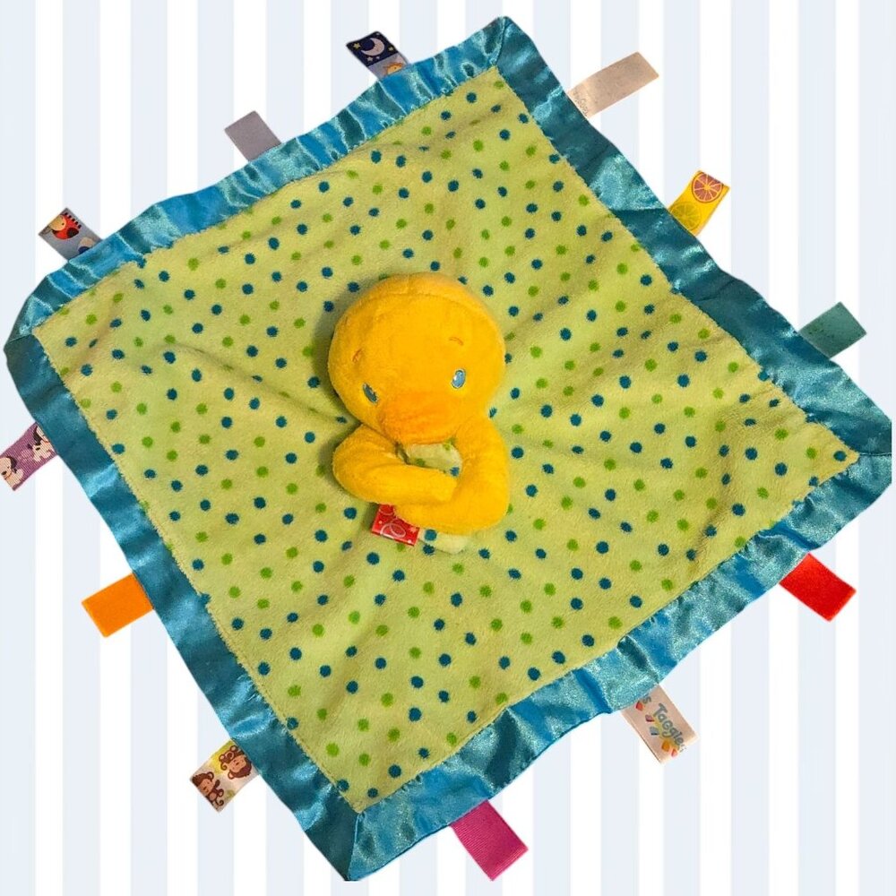 Taggies Lovey Plush Duck Security Blanket Satin Trim & Back Green Blue EUC